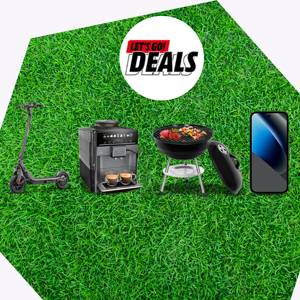 Werbebild mit E-Scooter, Kaffeemaschine, Grill, Spielcontroller und Smartphone auf grünem Hintergrund („Let’s Go Deals“).